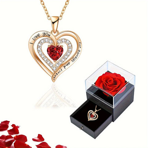 Luxury Red Zircon Pendant Necklace with Rose Gift Box - Perfect I Love You Gift for Women & Trendy Wedding Jewelry
