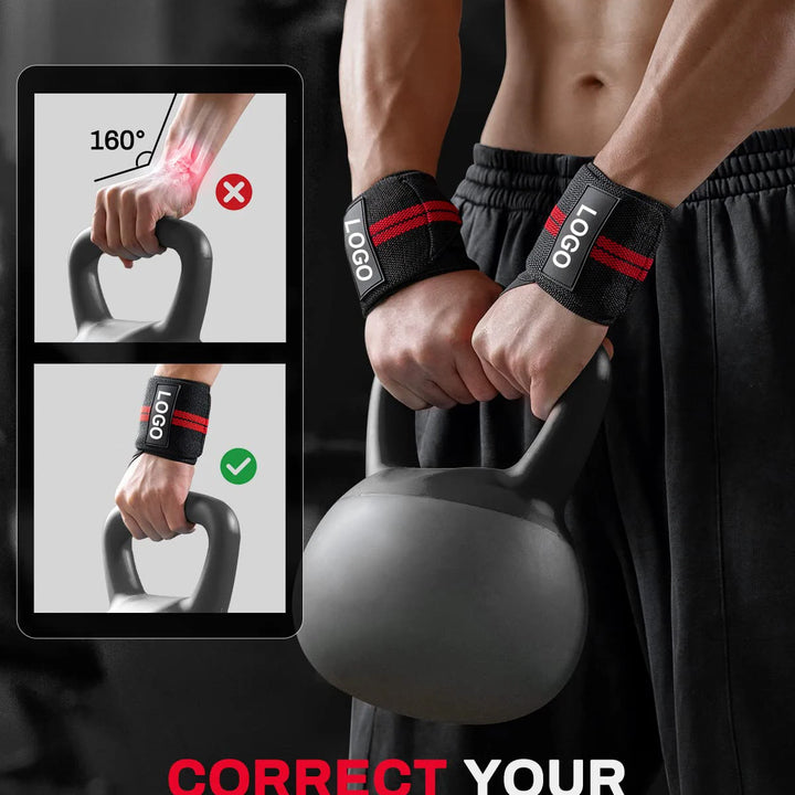 Pair of Extra Strength Wrist Support Wraps - Weightlifting, Fitness Training, Custom Logo