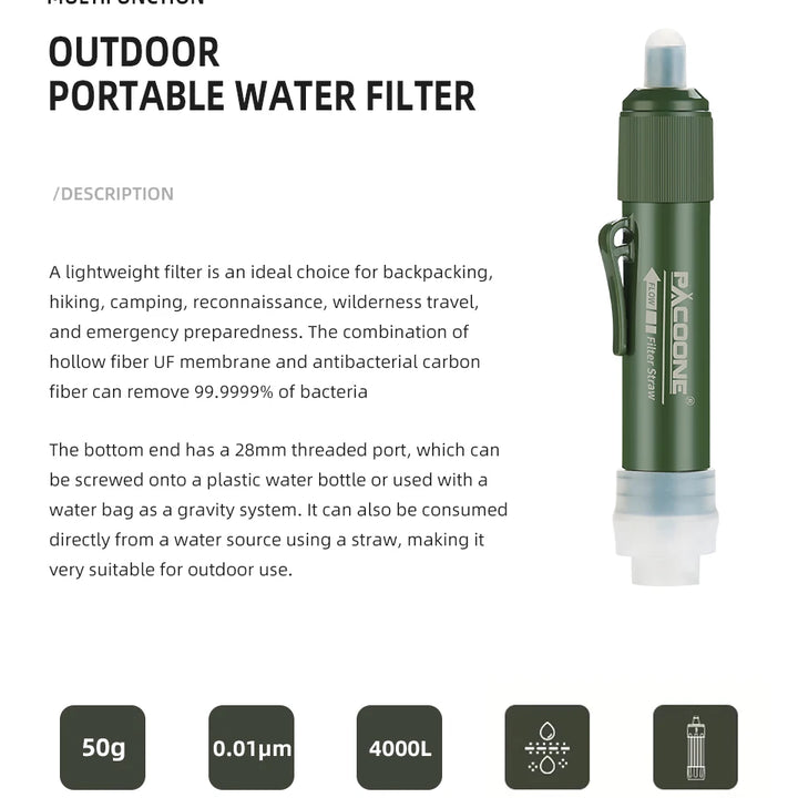 PACOONE Mini Camping Water Filter Straw – TUP Carbon Fiber Water Bag for Survival & Emergency Supplies