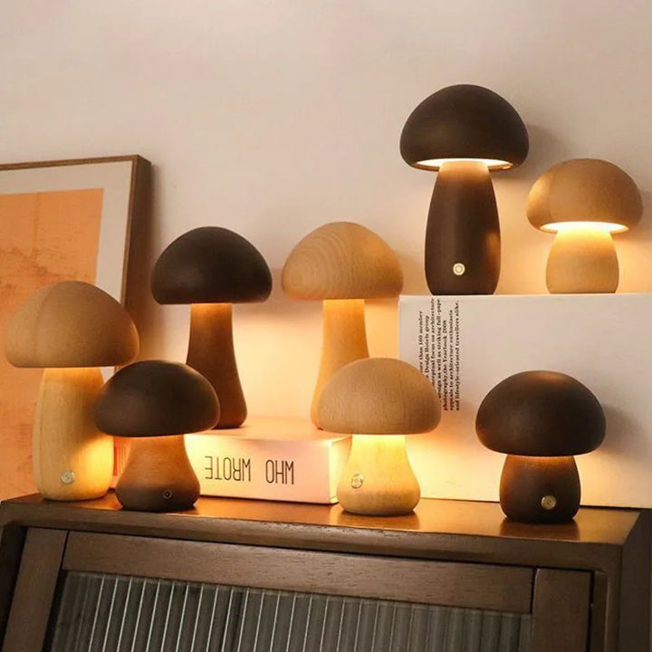 LED Mushroom Night Light with Touch Switch - Wooden Bedside Lamp for Kids' Bedroom