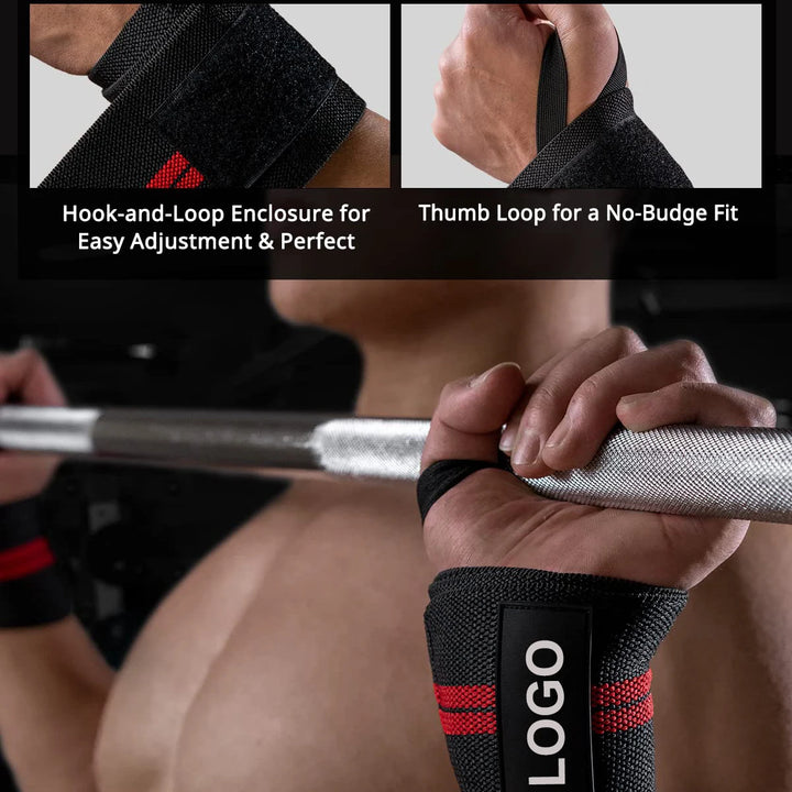 Pair of Extra Strength Wrist Support Wraps - Weightlifting, Fitness Training, Custom Logo