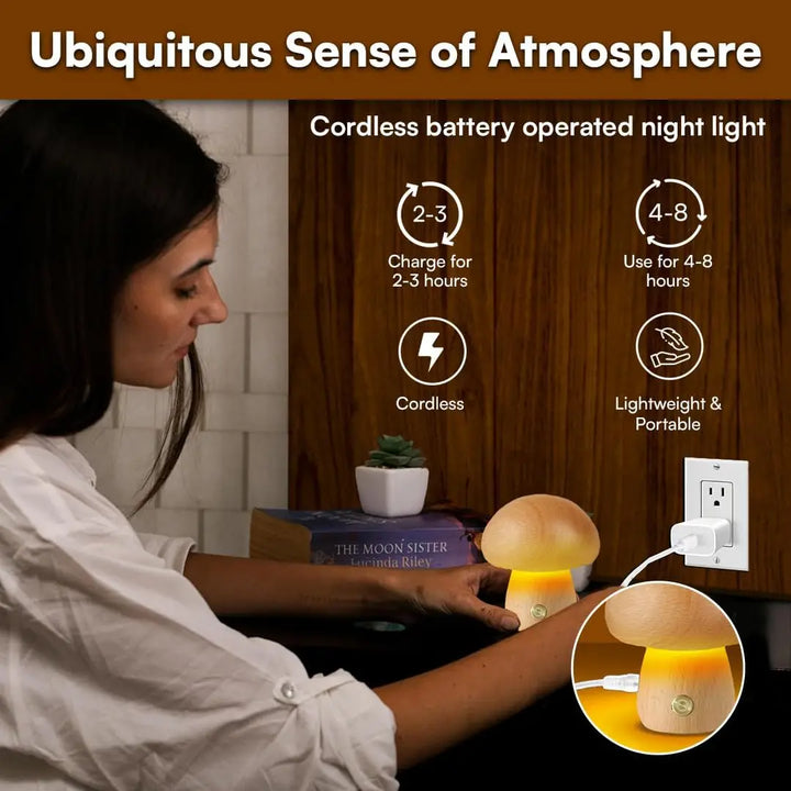 LED Mushroom Night Light with Touch Switch - Wooden Bedside Lamp for Kids' Bedroom