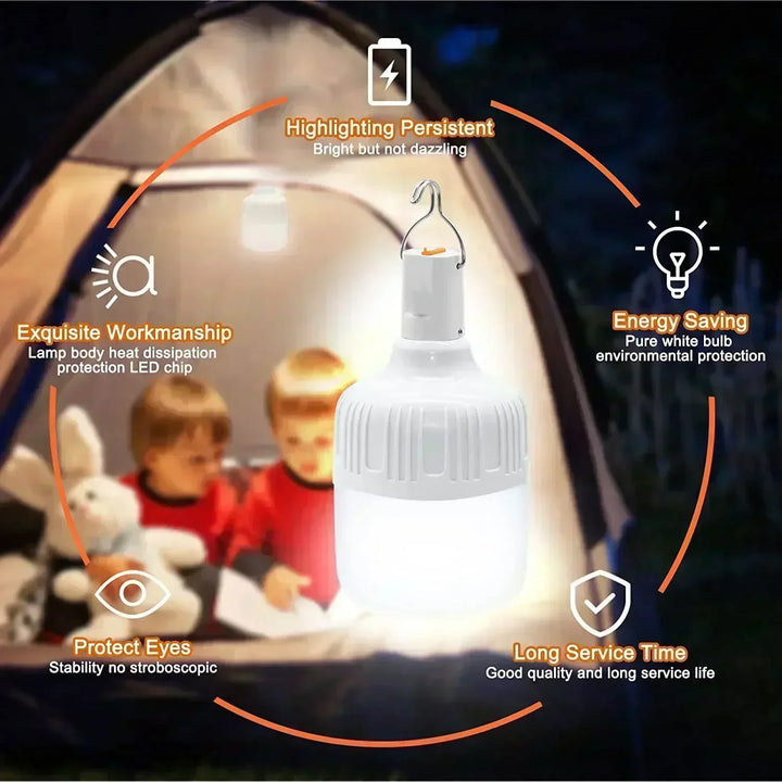 60W Emergency Light – USB rechargeable LED bulb lantern for camping, hiking, and outdoor activities.
