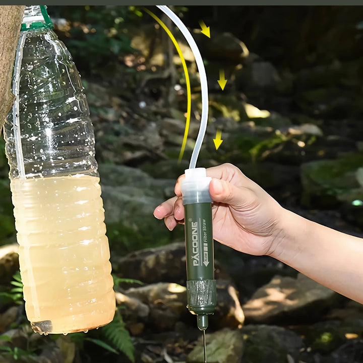PACOONE Mini Camping Water Filter Straw – TUP Carbon Fiber Water Bag for Survival & Emergency Supplies