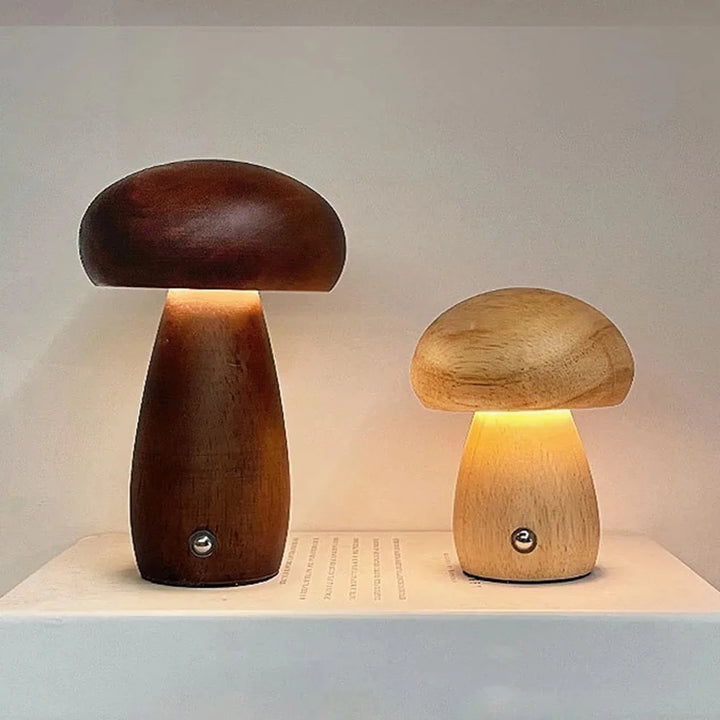 LED Mushroom Night Light with Touch Switch - Wooden Bedside Lamp for Kids' Bedroom
