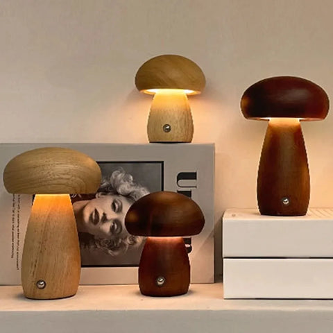 LED Mushroom Night Light with Touch Switch - Wooden Bedside Lamp for Kids' Bedroom