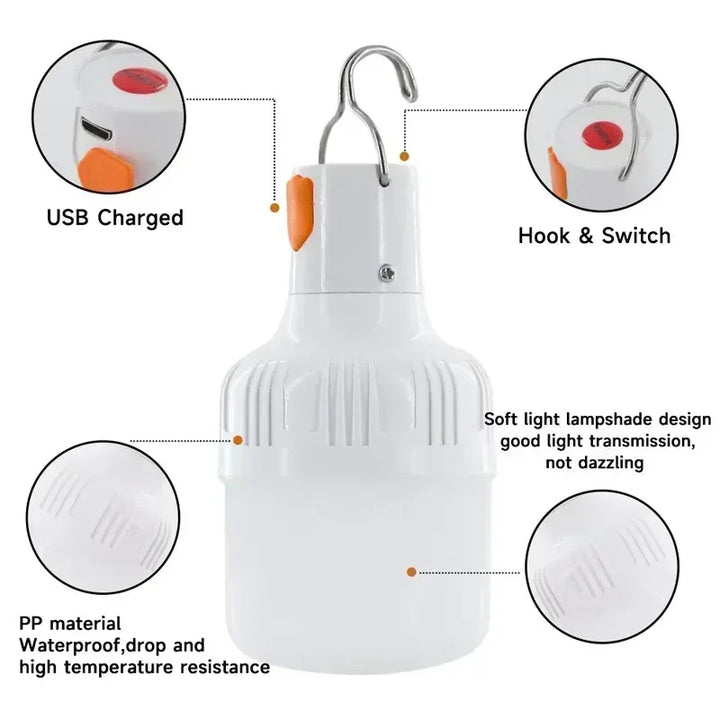 60W Emergency Light – USB rechargeable LED bulb lantern for camping, hiking, and outdoor activities.