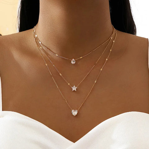 Crystal Zircon Heart & Star Pendant Necklace Set – Layered charm design with square rhinestones.