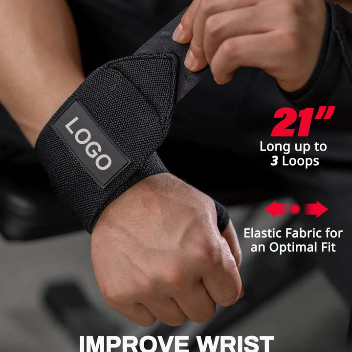 Pair of Extra Strength Wrist Support Wraps - Weightlifting, Fitness Training, Custom Logo