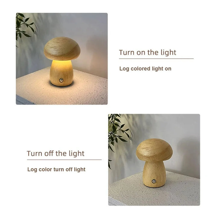 LED Mushroom Night Light with Touch Switch - Wooden Bedside Lamp for Kids' Bedroom