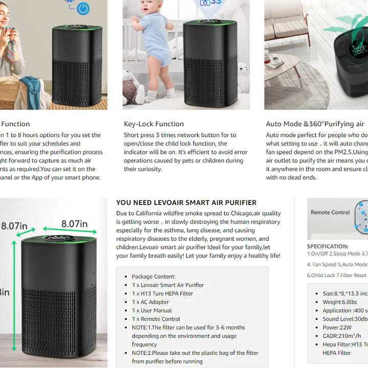 Portable H13 HEPA Air Purifier - Quiet Air Cleaner with PM2.5 Filter & Sleep Music for Bedroom