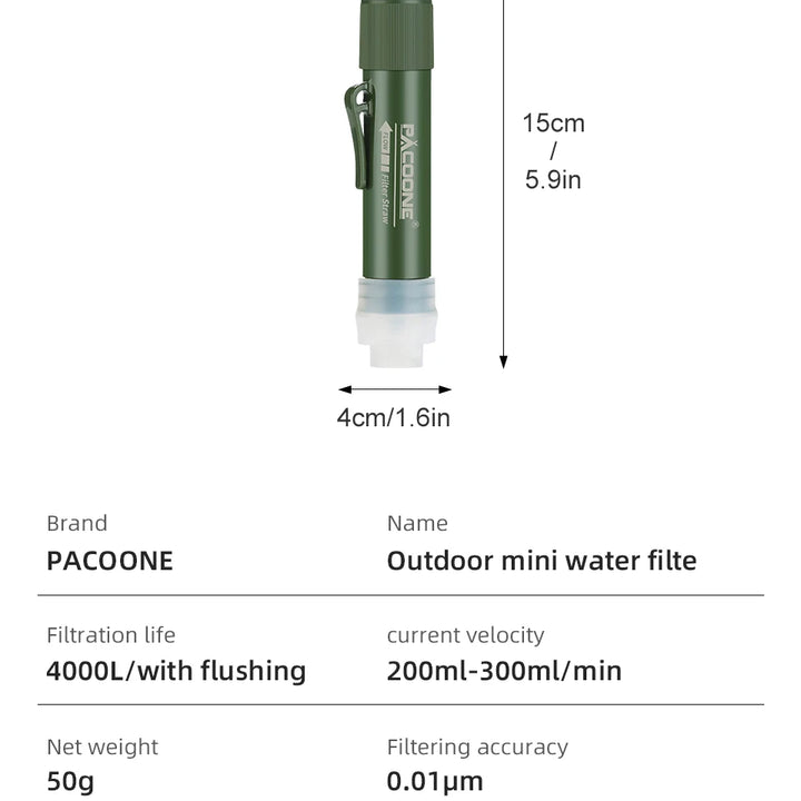 PACOONE Mini Camping Water Filter Straw – TUP Carbon Fiber Water Bag for Survival & Emergency Supplies