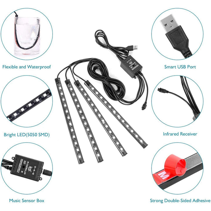 Neon LED Car Interior Light Kit – RGB Foot Strip with Remote and App Music Control