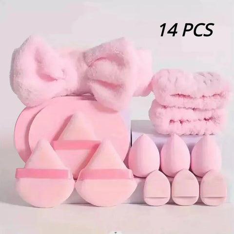 Makeup Sponge Set (12/14 Pcs) – Includes Blenders, Puffs, Headband & Wristbands
