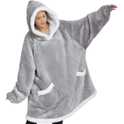 Oversized Fleece TV Blanket Hoodie - Warm Winter Pullover with Long Flannel Sleeves for Women and Men