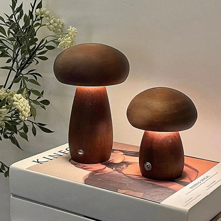 LED Mushroom Night Light with Touch Switch - Wooden Bedside Lamp for Kids' Bedroom