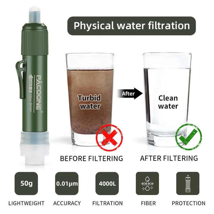 PACOONE Mini Camping Water Filter Straw – TUP Carbon Fiber Water Bag for Survival & Emergency Supplies