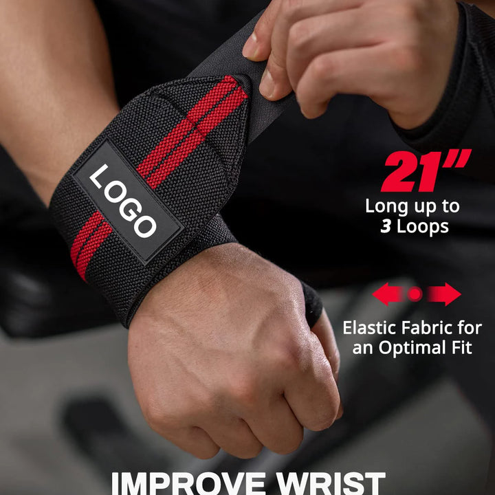 Pair of Extra Strength Wrist Support Wraps - Weightlifting, Fitness Training, Custom Logo