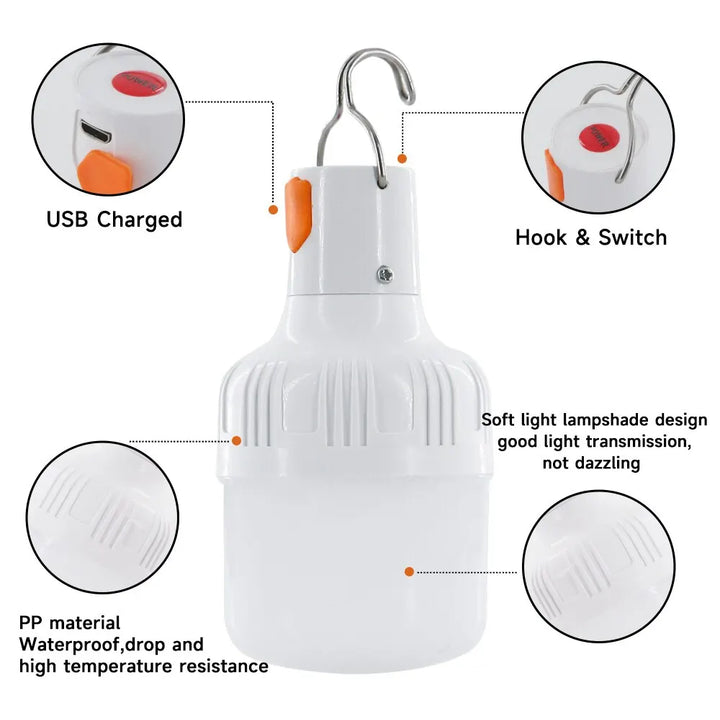 60W Emergency Light – USB rechargeable LED bulb lantern for camping, hiking, and outdoor activities.