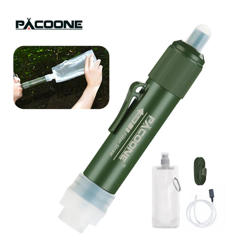 PACOONE Mini Camping Water Filter Straw – TUP Carbon Fiber Water Bag for Survival & Emergency Supplies