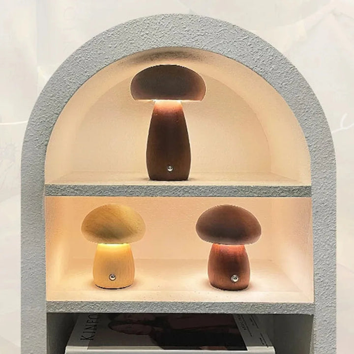 LED Mushroom Night Light with Touch Switch - Wooden Bedside Lamp for Kids' Bedroom