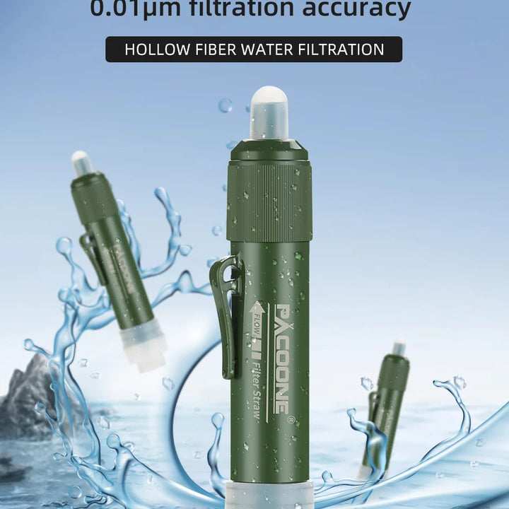 PACOONE Mini Camping Water Filter Straw – TUP Carbon Fiber Water Bag for Survival & Emergency Supplies